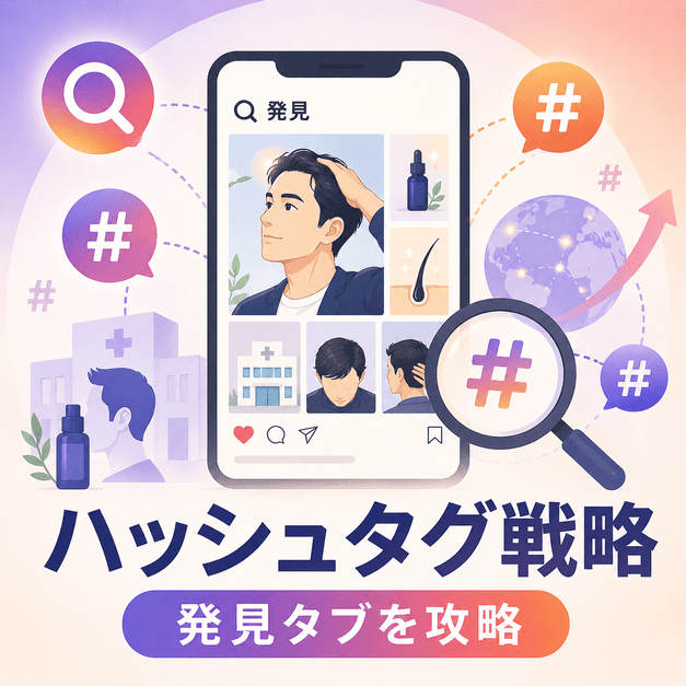 AGAクリニックの投稿がハッシュタグと発見タブで広がる様子を示したイラスト