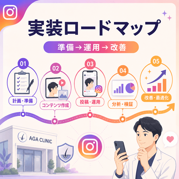AGAクリニックのInstagram集患を準備から運用、改善まで段階的に進めるロードマップのイラスト