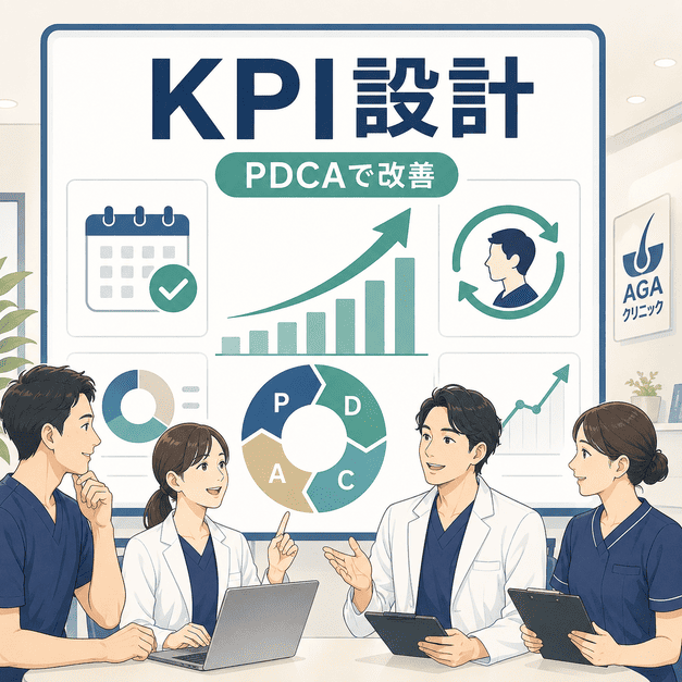 カウンセリング予約数や継続治療率をKPIとして確認しPDCAで改善するAGAクリニックのイラスト