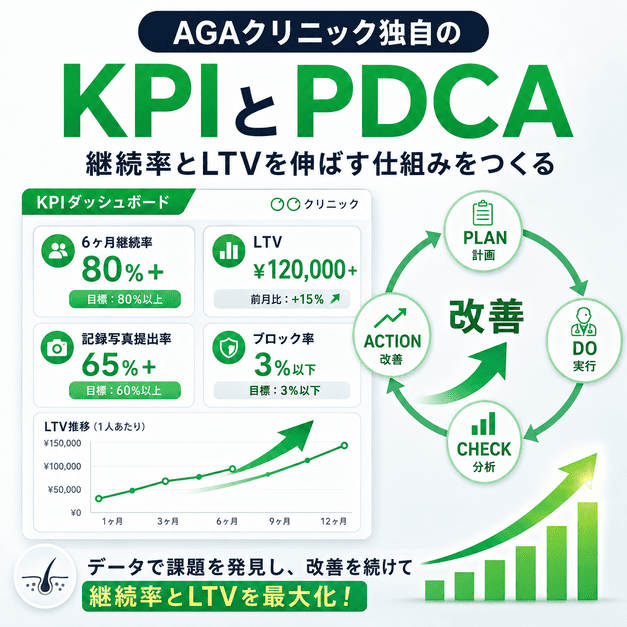 AGAクリニックの6ヶ月継続率・LTV・記録写真提出率を管理しPDCAで改善する仕組みを示したイラスト