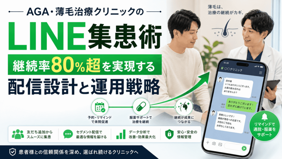 AGA・薄毛治療クリニックのLINE集患術と継続率80%超を目指す配信設計を表したアイキャッチ画像