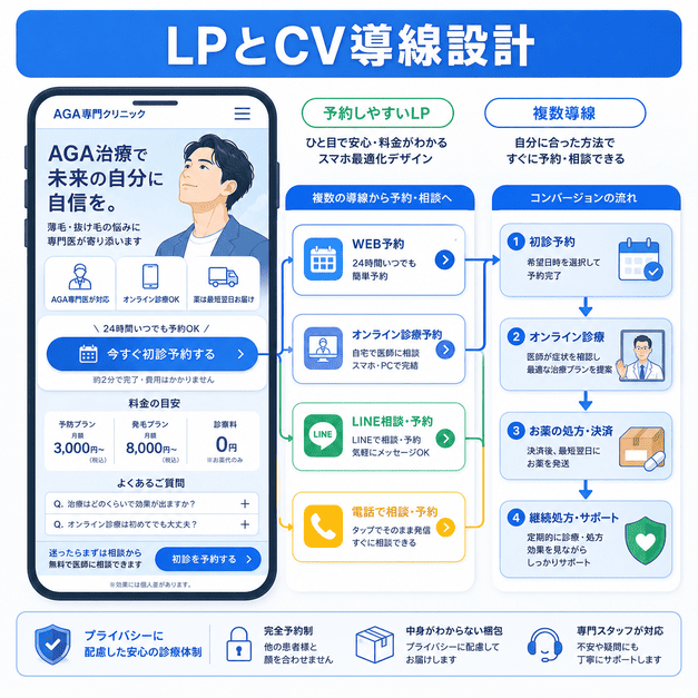 AGA専用LPからWeb予約、オンライン診療予約、LINE相談、継続処方へつなげるCV導線を示したイラスト