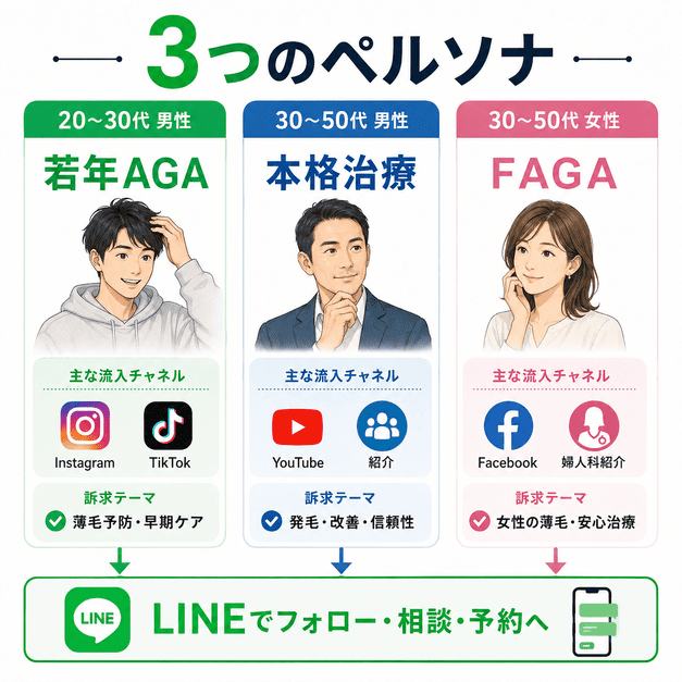 若年AGA層・本格治療層・FAGA層の3つのペルソナ別にLINE相談や予約へつなげる流れを示したイラスト