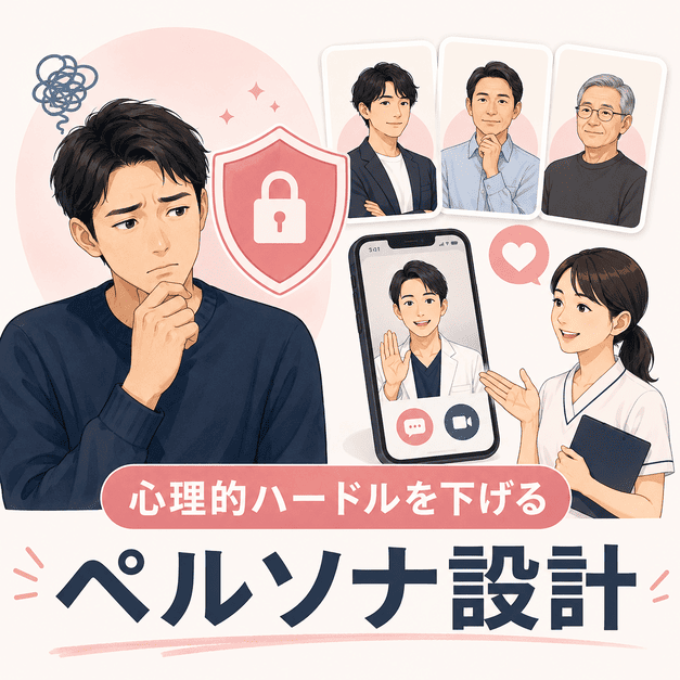 薄毛に悩む男性の心理的ハードルを下げるペルソナ設計とオンライン相談を表したイラスト