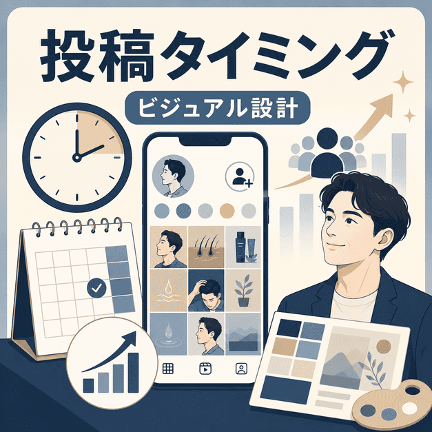 投稿タイミングと統一感あるビジュアル設計で男性フォロワーを増やす流れを示したイラスト