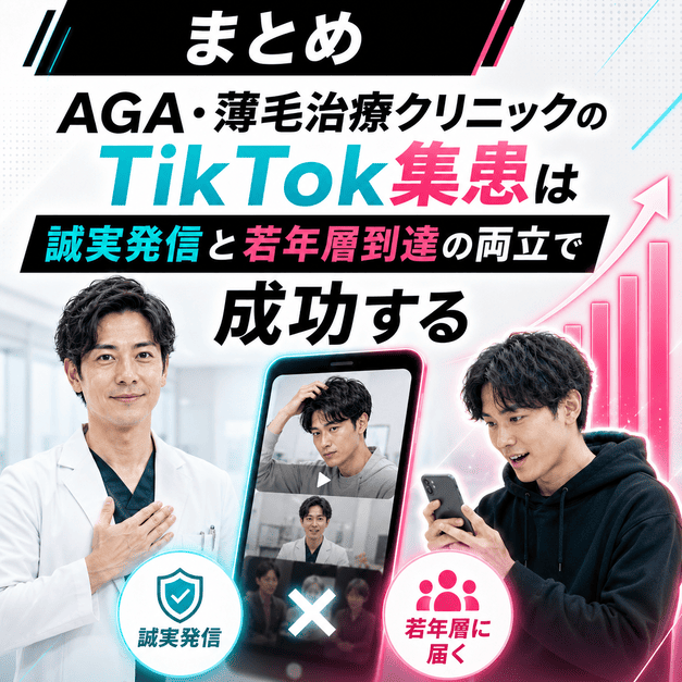 AGAクリニックのTikTok集患で誠実な情報発信と若年層への到達を両立し成功につなげる様子を表したイラスト