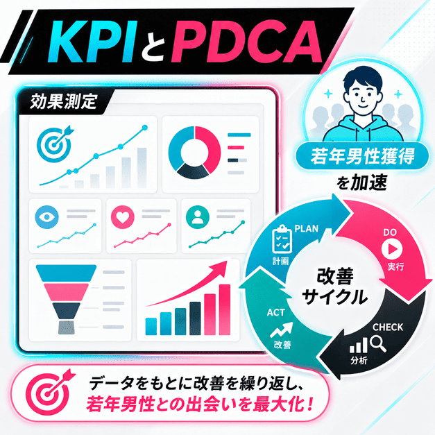 TikTok運用のKPIダッシュボードとPDCAサイクルで若年男性の獲得を改善する様子を表したイラスト
