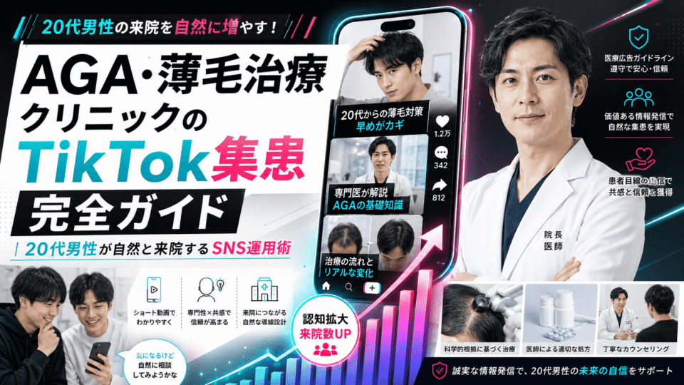 AGA・薄毛治療クリニックがTikTokで20代男性に自然に情報を届け、来院につなげる集患施策を表した画像