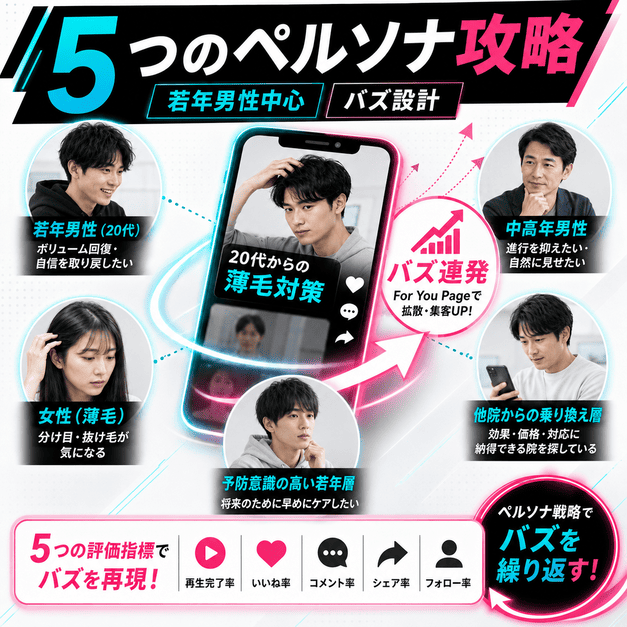 若年男性を中心に5つのペルソナへ動画を届け、For You Pageでバズを狙う戦略を表したイラスト