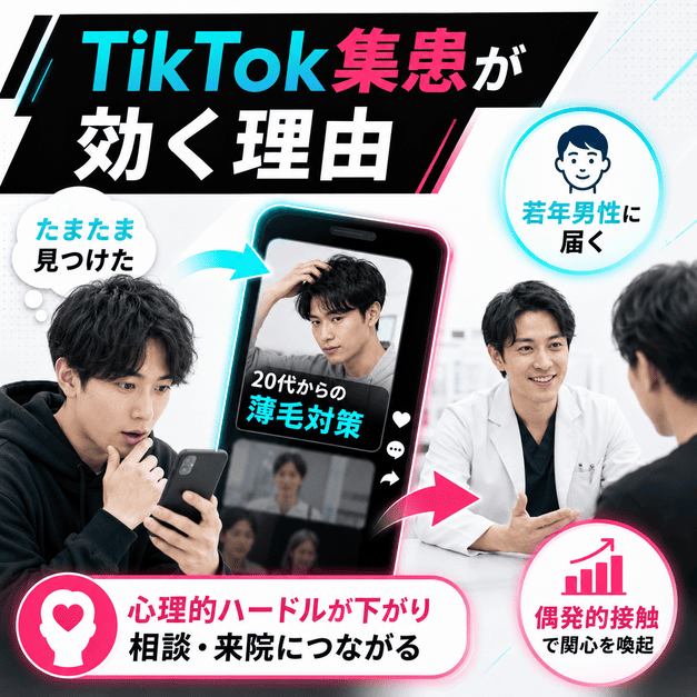 20代男性がスマホで薄毛対策の短尺動画を偶然見つけ、医師への相談につながる流れを表したイラスト