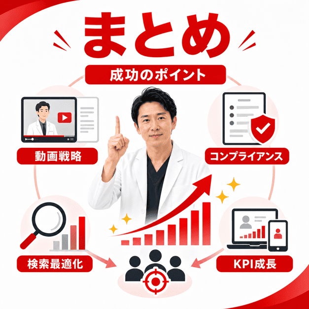 AGA・薄毛治療クリニックのYouTube集患成功に必要な動画戦略、検索最適化、コンプライアンス、KPI改善をまとめたイラスト