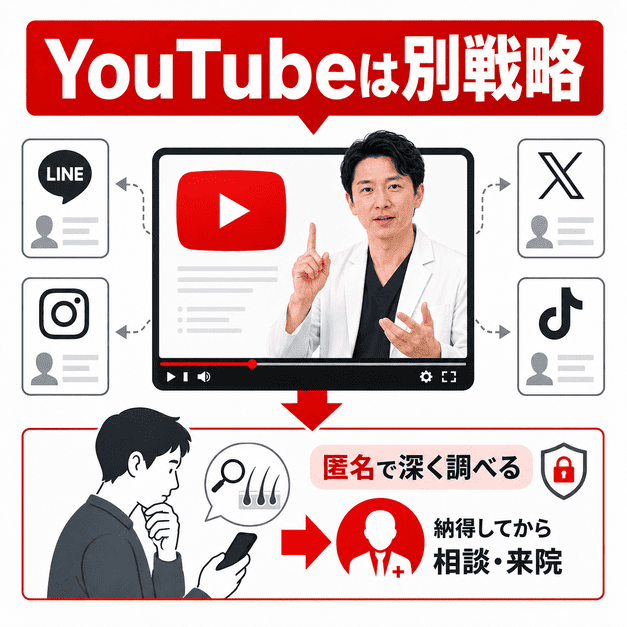 AGA治療を検討する男性が匿名で深く調べるため、YouTubeを他SNSとは別戦略で活用する様子を表したイラスト
