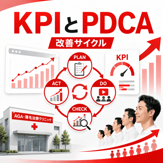 AGAクリニックのYouTube運用をKPIとPDCAサイクルで改善し、経営成果につなげる流れを示したイラスト