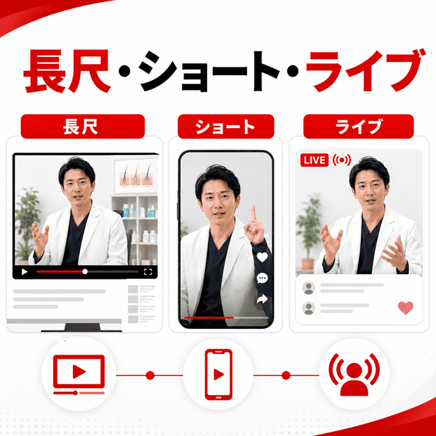 AGAクリニックのYouTube運用で長尺動画・ショート動画・ライブ配信を3本柱として組み立てる様子を示したイラスト