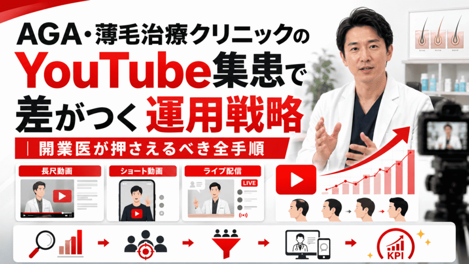 AGA・薄毛治療クリニックのYouTube集患戦略を、医師の動画発信や分析グラフで表現したアイキャッチ画像