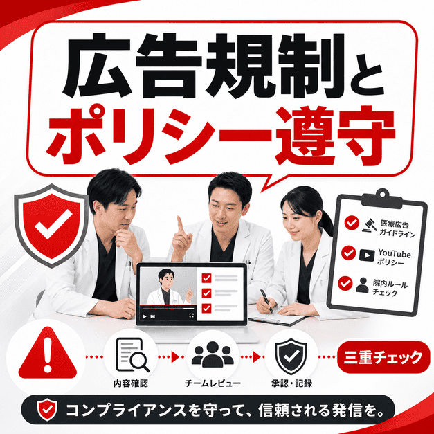医療広告ガイドラインとYouTubeポリシーを守るため、医療スタッフが動画内容を確認する様子を表したイラスト