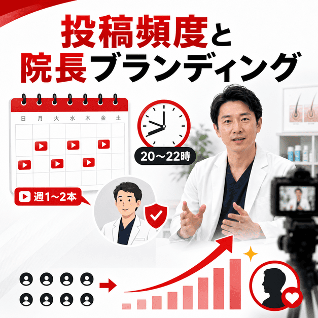 投稿頻度や配信タイミング、院長ブランディングによってYouTubeチャンネルが成長する様子を示したイラスト