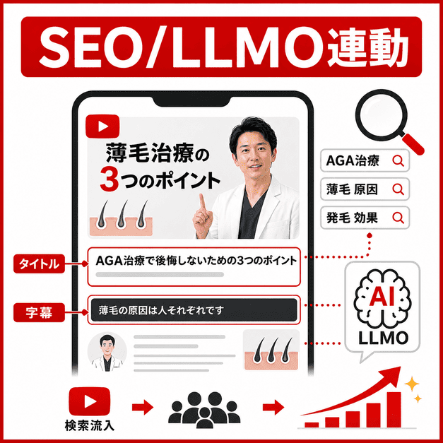 YouTube動画のタイトル・概要欄・字幕・サムネイルをSEOとLLMOに連動させる仕組みを表したイラスト