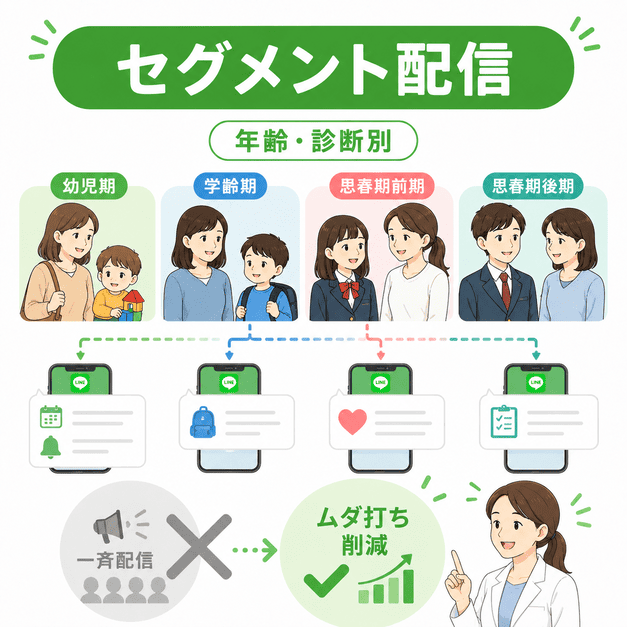 年齢段階や診断別にLINE配信を分け、一斉配信のムダ打ちを減らすセグメント配信のイラスト