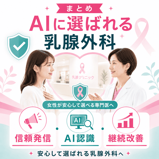 信頼発信・AI認識・継続改善を通じて女性が安心して受診できる乳腺外科を目指す総まとめ図