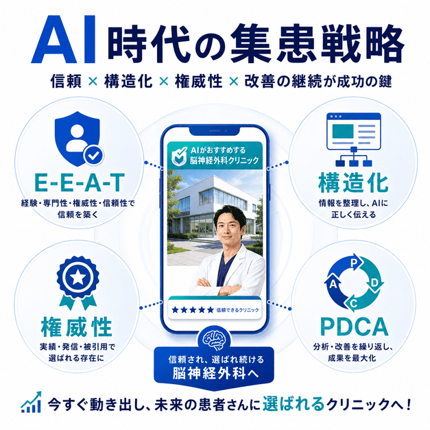 脳神経外科クリニックがAI検索時代に選ばれるためのE-E-A-T・構造化・権威性・PDCAを総まとめしたイラスト