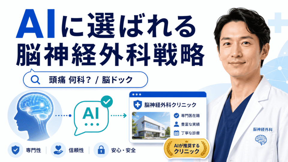 脳神経外科クリニックがAI検索で選ばれるためのLLMO対策を、医師・脳・AI検索・クリニック情報で表現したアイキャッチ画像