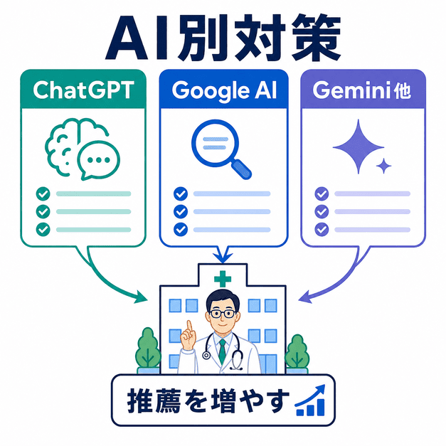 ChatGPTやGoogle AI、Geminiなど複数のAIプラットフォームごとに対策し、クリニックの推薦機会を増やすイメージ図