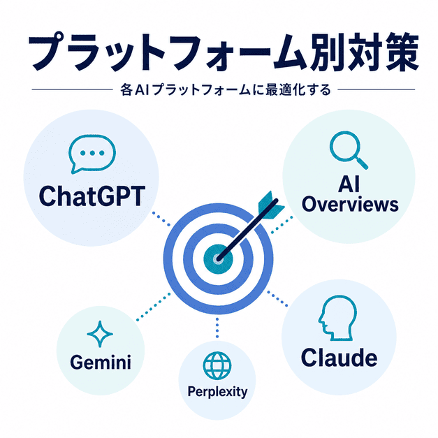 ChatGPT・AI Overviews・Claudeなど、AIプラットフォーム別にLLMO対策を最適化する考え方を示したイラスト
