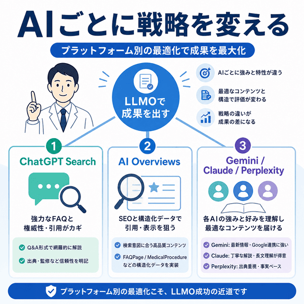 ChatGPT SearchやAI OverviewsなどAIプラットフォーム別にLLMO戦略を変える必要性を示した図解