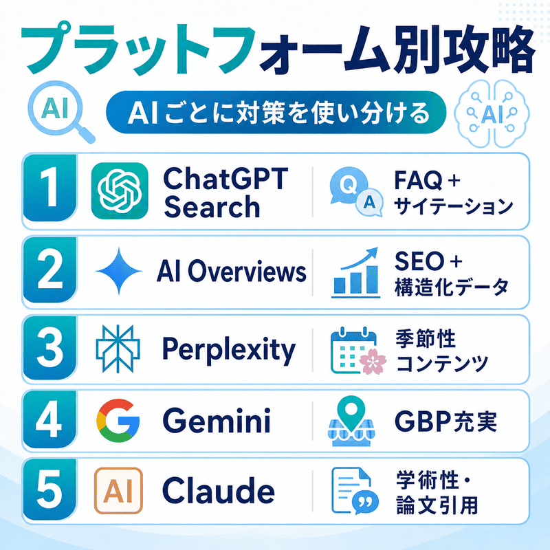 ChatGPT Search・AI Overviews・Perplexity・Gemini・ClaudeごとのLLMO攻略ポイントを比較した図