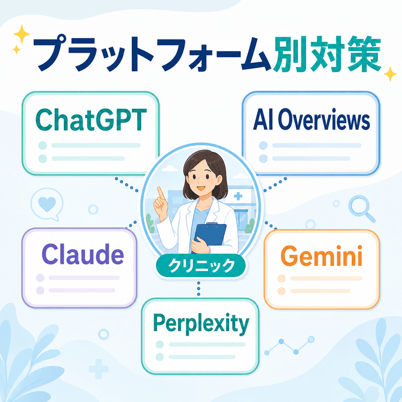 ChatGPTやAI Overviews、Claude、Gemini、Perplexityごとに児童精神科クリニックのLLMO対策を分けるイラスト
