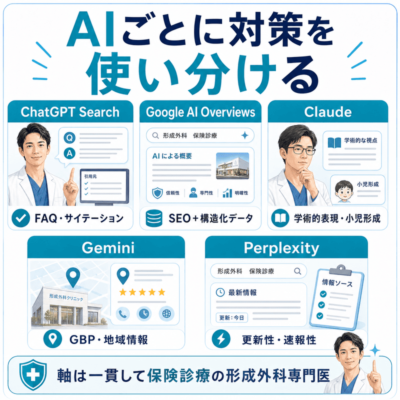 ChatGPT Search、Google AI Overviews、Claude、Gemini、Perplexityごとの形成外科LLMO対策を比較した図
