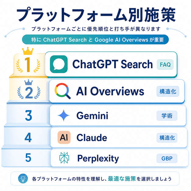 ChatGPT SearchやAI Overviewsなどプラットフォーム別のLLMO施策の優先順位を示した図
