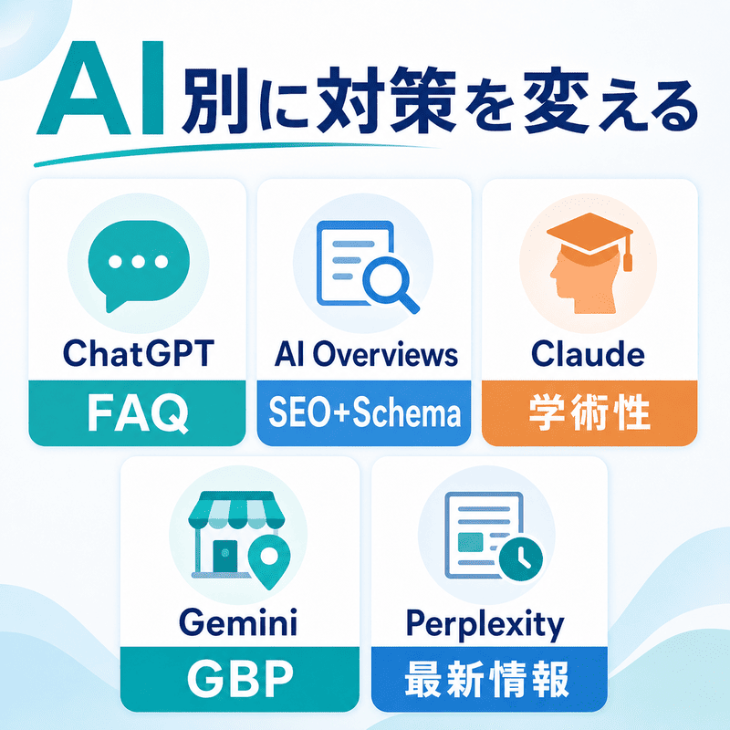 ChatGPT、AI Overviews、Claude、Gemini、PerplexityごとのLLMO対策の違いを整理した図