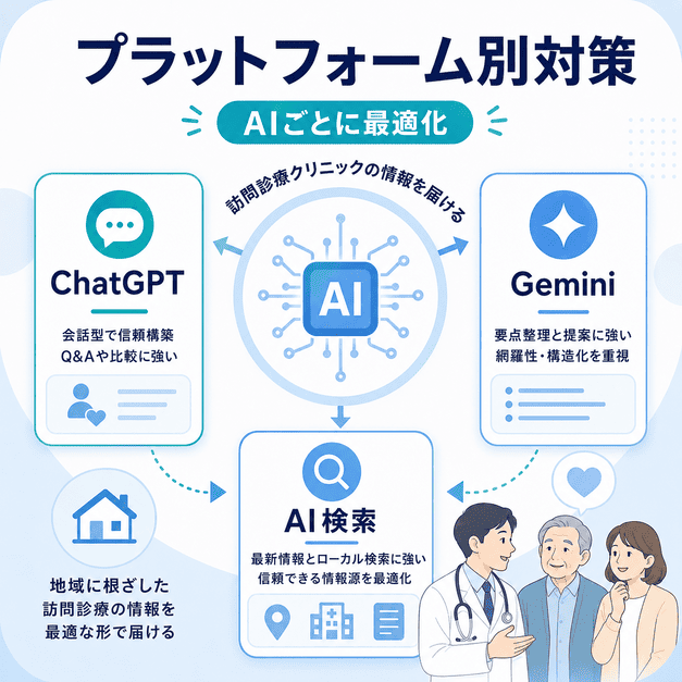 ChatGPT、Gemini、AI検索など各AIプラットフォームに合わせて訪問診療クリニックの情報を最適化する図