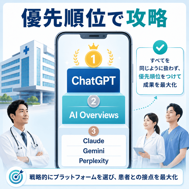 ChatGPTやAI Overviewsなど複数のAIプラットフォームを優先順位に沿って攻略する考え方を示した図解