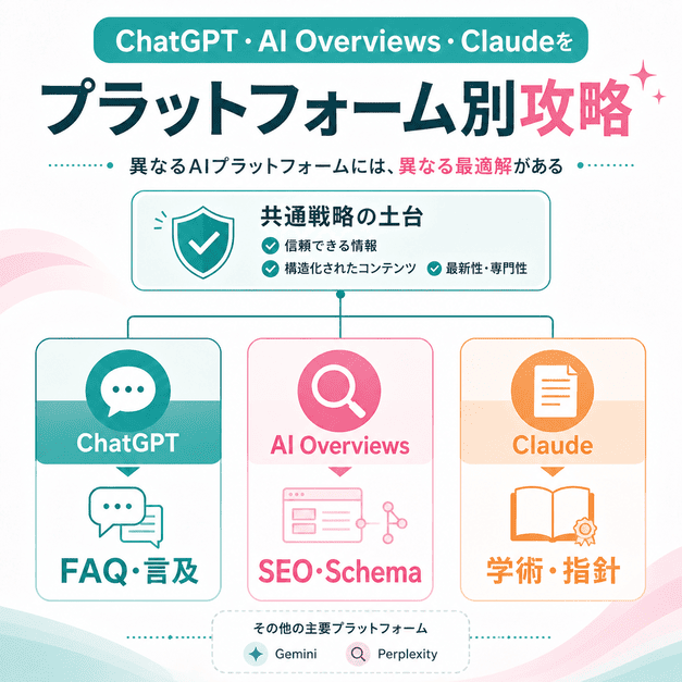 ChatGPT・AI Overviews・ClaudeなどAIプラットフォーム別に乳腺外科クリニックの対策を整理した図解