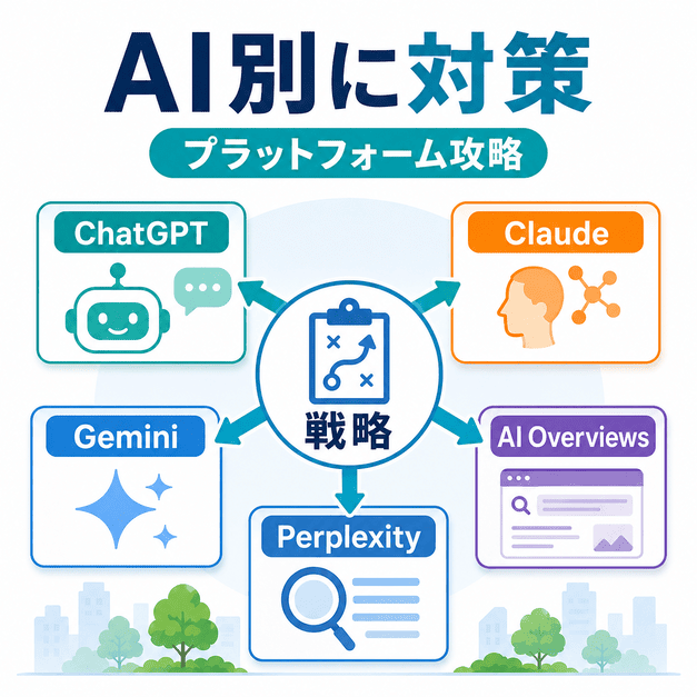 ChatGPT・Claude・GeminiなどAIプラットフォームごとに異なるLLMO対策を行う戦略図