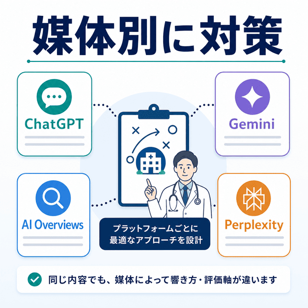 ChatGPT・Gemini・AI Overviews・Perplexityなど媒体ごとに総合内科のAI対策を分けて設計する図解