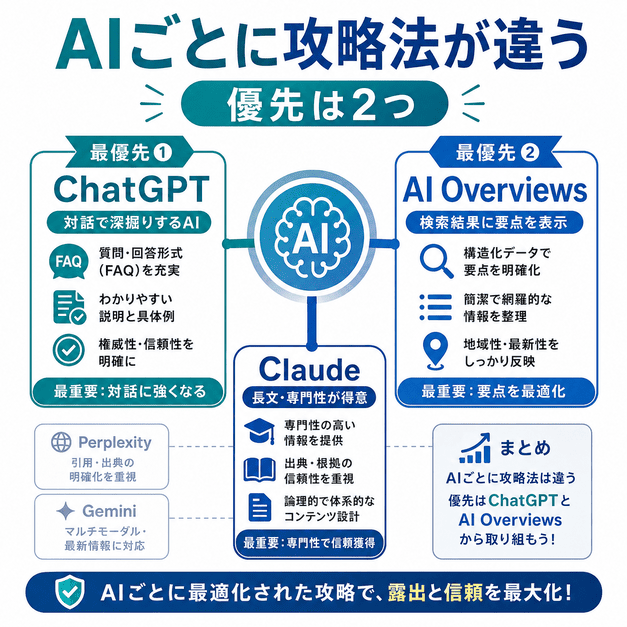 ChatGPTやAI OverviewsなどAIプラットフォームごとに異なる攻略法を整理した図解