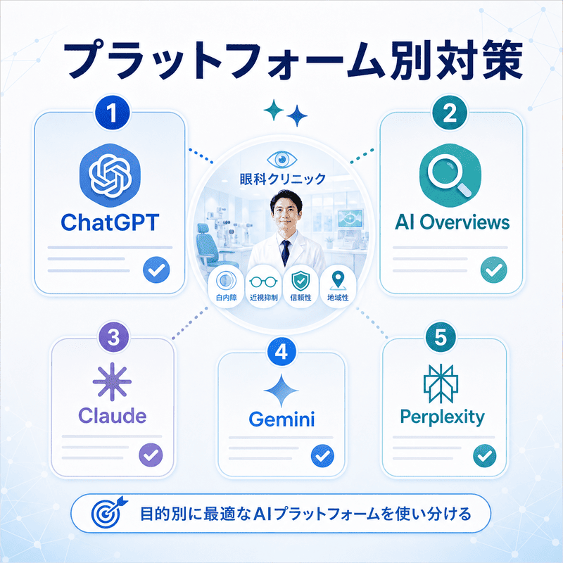ChatGPT・AI Overviews・ClaudeなどAIプラットフォーム別の眼科LLMO対策を示した図