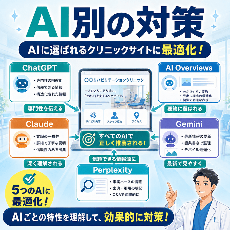 ChatGPTやAI OverviewsなどAIプラットフォーム別の対策を示した図解