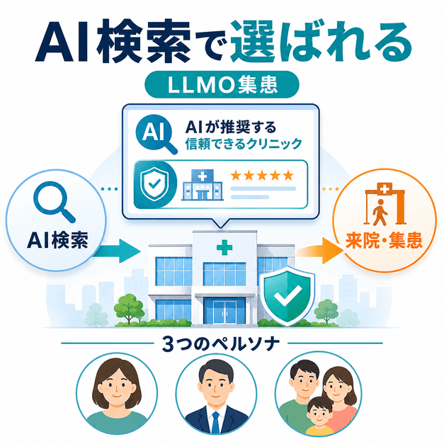 AI検索で信頼できるがん検診クリニックとして選ばれ、来院や集患につながる流れを示した図