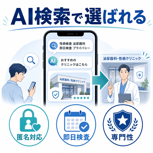 AI検索で泌尿器科・性病クリニックが選ばれる流れと、匿名対応・即日検査・専門性の重要性を示した図解