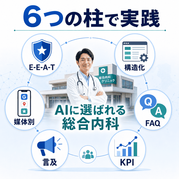 E-E-A-T・構造化データ・FAQ・媒体別対策・言及獲得・KPI設計の6つの柱でAIに選ばれる総合内科を目指す総まとめ図