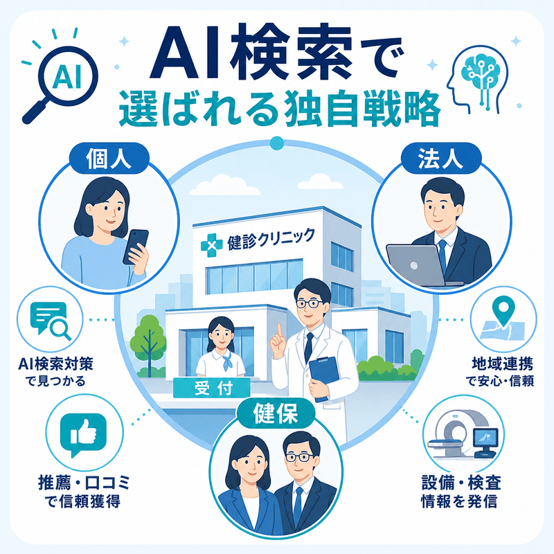個人・法人・健保の三重ペルソナに向けた健診クリニックのAI検索対策を示す図