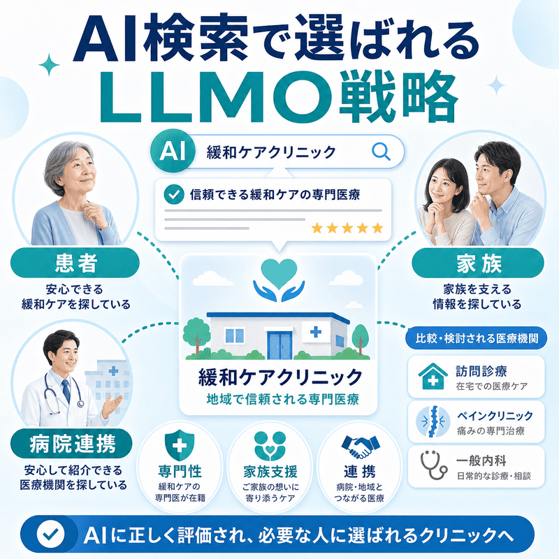 AI検索で選ばれる緩和ケアクリニックのLLMO戦略を患者・家族・病院連携の視点で示した図