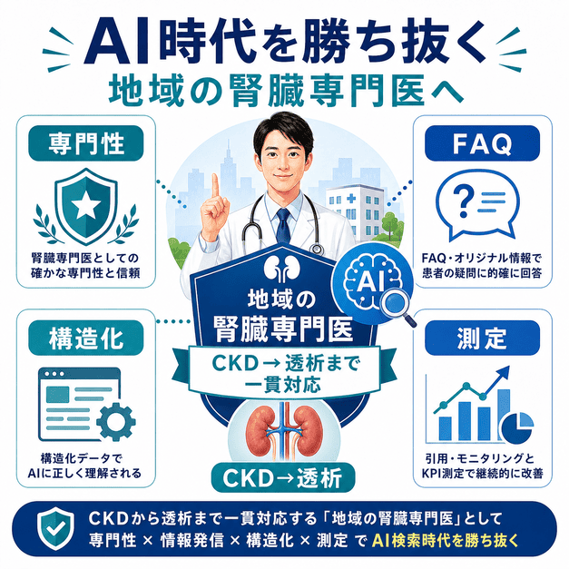 専門性・FAQ・構造化データ・効果測定を組み合わせ、AI検索時代に地域の腎臓専門医として選ばれる全体像をまとめた図解