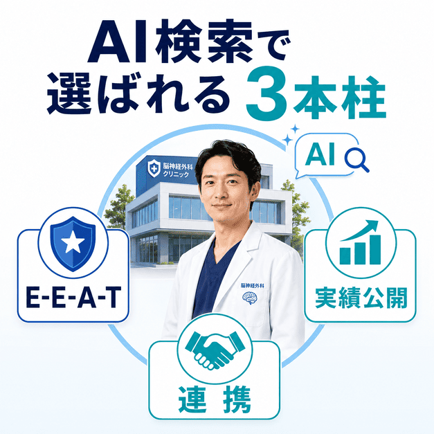 AI検索で脳神経外科クリニックが選ばれるための3本柱として、E-E-A-T・実績公開・連携を図解したイラスト