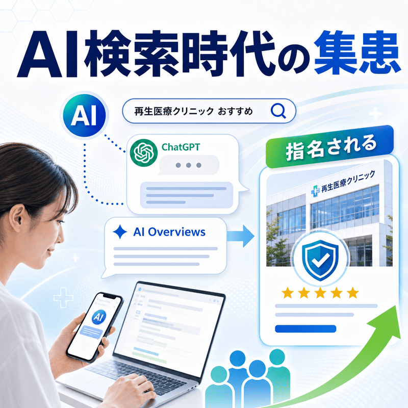 AI検索で再生医療クリニックが推薦され、患者の情報収集や集患につながる流れを、検索画面やクリニック表示で示した図
